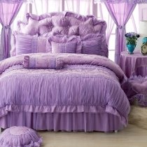 Sophisticated Elegant Solid Purple Vintage Romantic Applique Noble Excellence Ruched Frilly Feminine Cotton Full, Queen Size Bedding Sets