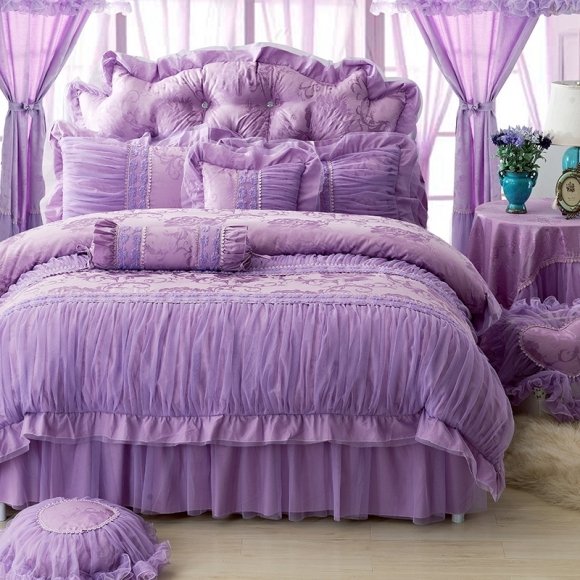 Sophisticated Elegant Solid Purple Vintage Romantic Applique Noble Excellence Ruched Frilly Feminine Cotton Full, Queen Size Bedding Sets
