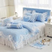 Sophisticated Elegant Pale Blue Vintage Quilted Flower Pattern Gathered Ruffle Scalloped Girls Cotton Twin, Full, Queen Size Bedding Sets