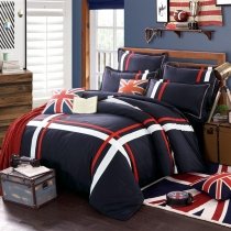 Navy Blue Red and White Striped Print American Style Simply Chic Luxury 100% Cotton Full, Queen Size Bedding Sets