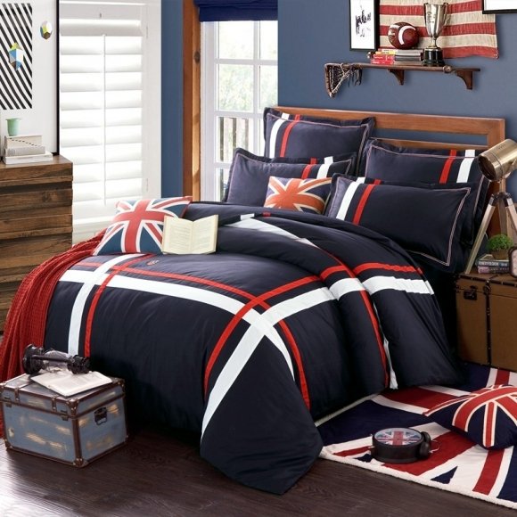 Navy Blue Red and White Striped Print American Style Simply Chic Luxury 100% Cotton Full, Queen Size Bedding Sets