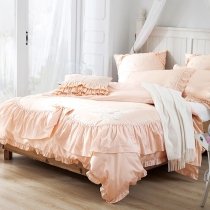 Noble Excellence Apricot Applique Embroidered Floral Shabby Chic Ruffle Romantic Feminine Full, Queen Size Bedding Sets