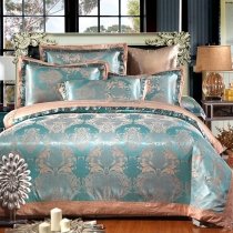 Teal and Camel Victorian Gothic Pattern Western Bohemian Style Jacquard Satin Full, Queen Size Bedding Sets