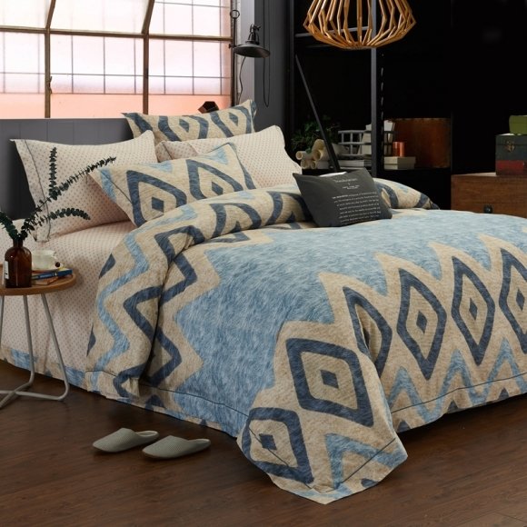 Hipster Steel Blue Charcoal Gray and Khaki Chevron Stripe Print Geometric Pattern Abstract Unique Full, Queen Size Bedding Sets