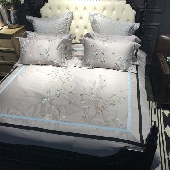 Black Gray and Aqua Blue Embroidered Tree Of Life Bird French Country Simply Shabby Chic Luxury Villa Full, Queen Size Bedding Sets