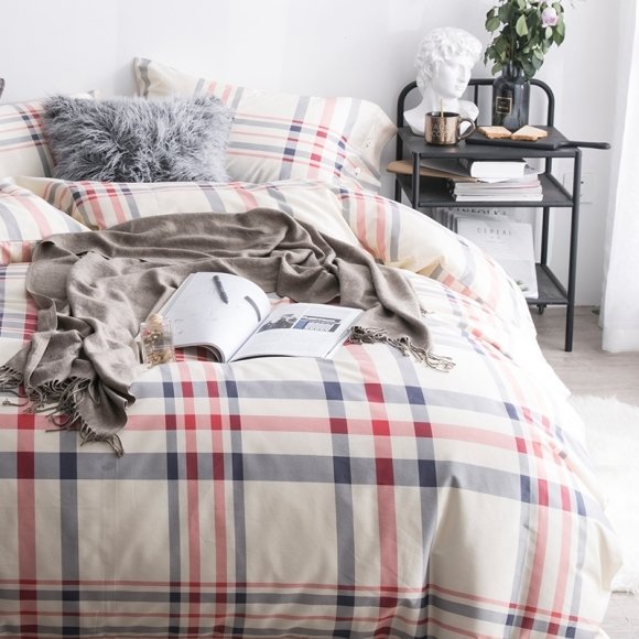 Teen Vogue Beige Gray and Red Tartan Plaid Print Modern Chic Soft Full, Queen Size Bedding Sets