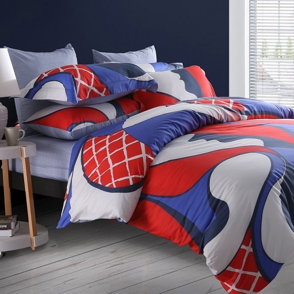 Fancy Navy Blue Red and White Unique Geometric Pattern Modern Chic Abstract Queen Size Bedding Sets