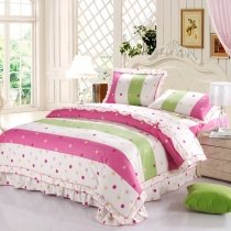 Hot Pink Beige Green and Gold Small Rainbow Polka Dot and Rugby Stripe Print Ruched Ruffle Bow Girls Twin, Full, Queen Size Bedding Sets