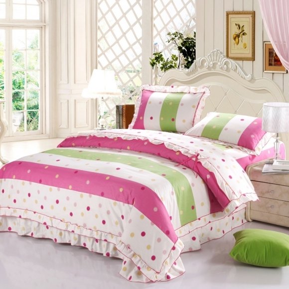 Hot Pink Beige Green and Gold Small Rainbow Polka Dot and Rugby Stripe Print Ruched Ruffle Bow Girls Twin, Full, Queen Size Bedding Sets