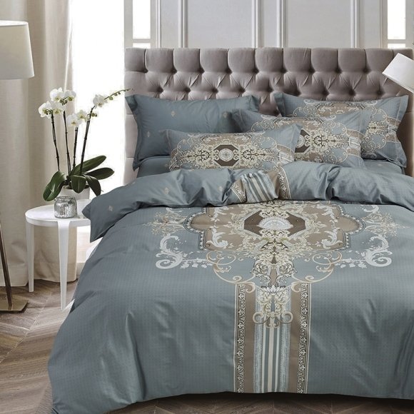 Gray Beige and Khaki Brown Tribal and Scroll Print Luxury Bohemian Style Vintage Shabby Chic Adults Full, Queen Size Bedding Sets