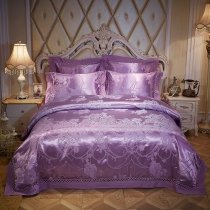 Purple and Silver Antique Rose Pattern Jacquard Satin Full, Queen Size Bedding Sets