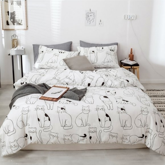 Hipster Unique Farm Animal Cat Print Black and White Bedding Sets