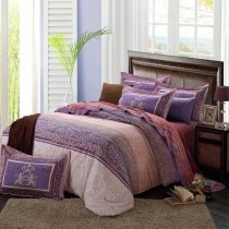 Deep Purple Brown and Beige Vintage Shabby Chic Stripe and Bohemian Tribal Print Adults Full, Queen Size Luxury Cotton Bedding Sets