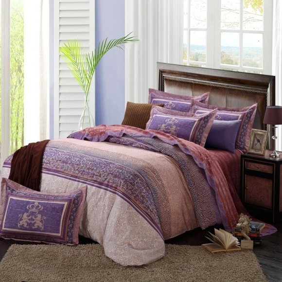 Deep Purple Brown and Beige Vintage Shabby Chic Stripe and Bohemian Tribal Print Adults Full, Queen Size Luxury Cotton Bedding Sets