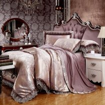 Champagne Gold and Dusty Rose Vintage Gothic Tribal and Western Floral Print with Lace Full, Queen Size Luxury Jacquard Bedding Sets