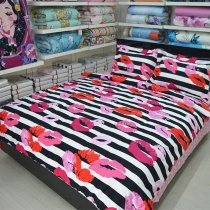 Stylish Girls Hot Pink Red Black and White Stripe and Sexy Lips Print Cute Girly Full, Queen Size Bedding Sets