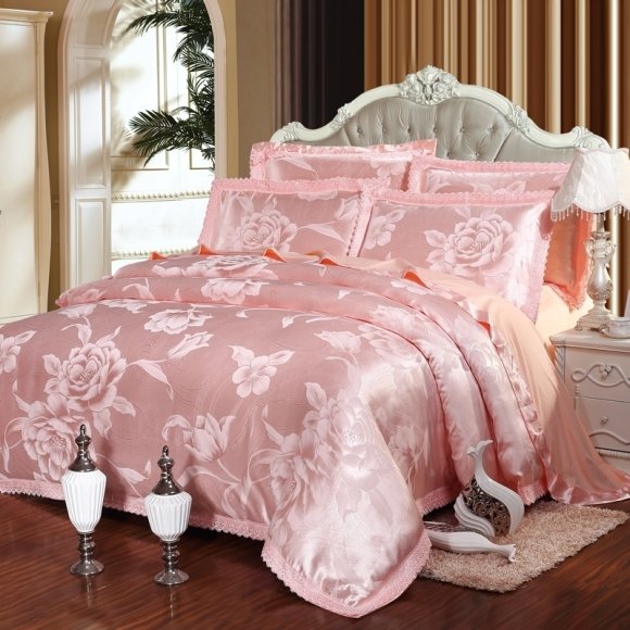 Luxury Dusty Pink Peony Flower Pattern Oriental Style Sparkle Fabric Lace Design Jacquard Satin Full, Queen Size Bedding Sets