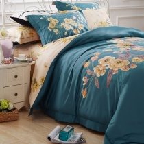 Noble Excellence Dark Teal and Buff Yellow Vintage Flower Print Cute Style Luxury Egyptian Cotton Full, Queen Size Bedding Sets