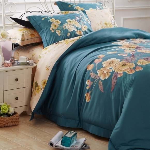 Noble Excellence Dark Teal and Buff Yellow Vintage Flower Print Cute Style Luxury Egyptian Cotton Full, Queen Size Bedding Sets