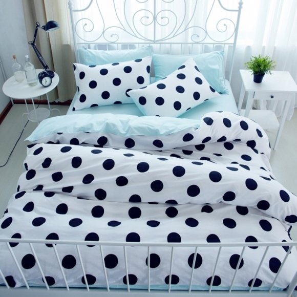 Hipster Black White and Aqua Blue Polka Dot Print Elegant Girls Boutique Eco-friendly 100% Cotton Twin, Full, Queen Size Bedding Sets