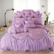 Sophisticated Elegant Purple Vintage Victorian Lace Ruffle Noble Excellence Romantic Feminine Cotton Full, Queen Size Bedding Sets