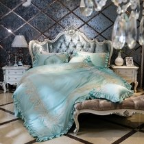 Tiffany Blue and Gold Tribal Print Victorian Lace Design Ruched Elegant Feminine Full, Queen Size Bedding Sets for Girls
