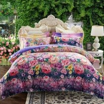 French Country Chic Purple Teal Pink Red Yellow and Dark Blue Garden Flower Print Bright Colorful Full, Queen Size Bedding Sets
