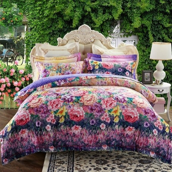 French Country Chic Purple Teal Pink Red Yellow and Dark Blue Garden Flower Print Bright Colorful Full, Queen Size Bedding Sets