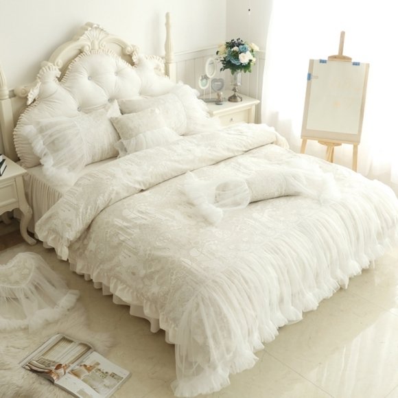 Luxurious Beige and White Romantic Vintage Victorian Lace Flannel Sophisticated Elegant Feminine Twin, Full, Queen Size Bedding Sets