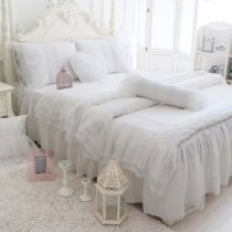 Romantic Elegant Feminine White Vintage Shabby Chic Victorian Lace Gathered Ruffle Adults Quilted Twin, Full, Queen Size Bedding Sets
