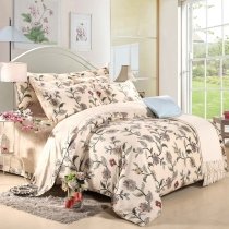 Beige and Green Wildflower Print Modern French Country Chic 100% Egyptian Cotton Full, Queen Size Bedding Sets