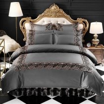 Charcoal Gray and Gold Vintage Victorian Lace Border Luxury Embroidered Shabby Chic Adults Full, Queen Size Bedding Sets