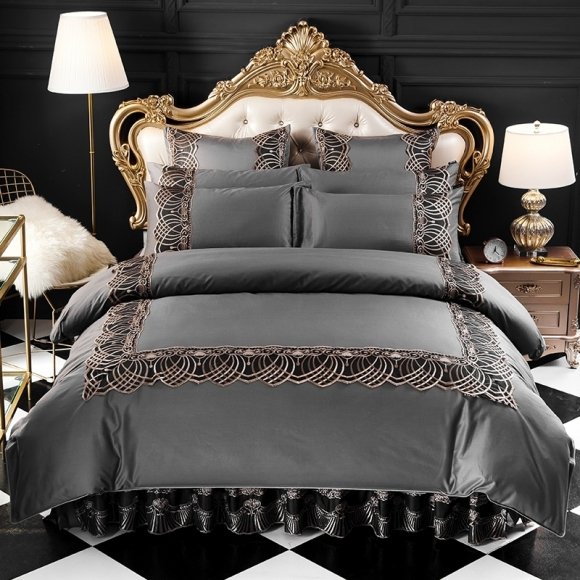 Charcoal Gray and Gold Vintage Victorian Lace Border Luxury Embroidered Shabby Chic Adults Full, Queen Size Bedding Sets
