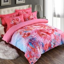 Pastel Coral Red White Purple and Aqua Blue Watercolor Floral Peony Print Bright Colorful Full, Queen Size Bedding Sets