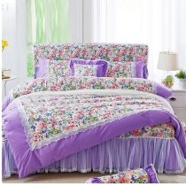 Purple and Bright Colorful French Country Floral Print Romantic Shabby Chic Ruffle Lace Wedding Twin, Full, Queen Size Bedding Sets