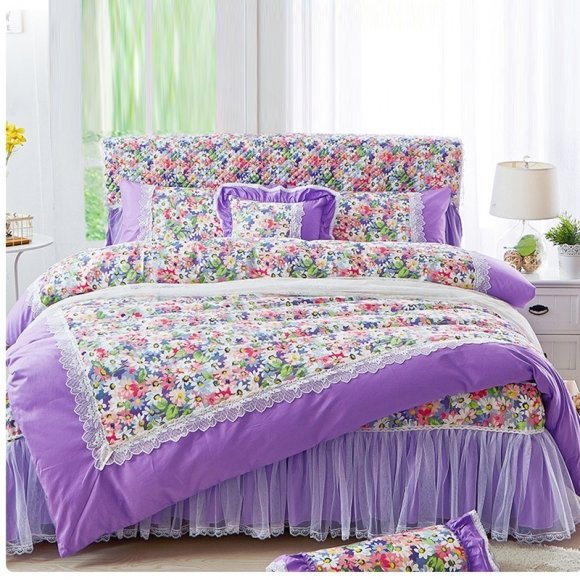 Purple and Bright Colorful French Country Floral Print Romantic Shabby Chic Ruffle Lace Wedding Twin, Full, Queen Size Bedding Sets