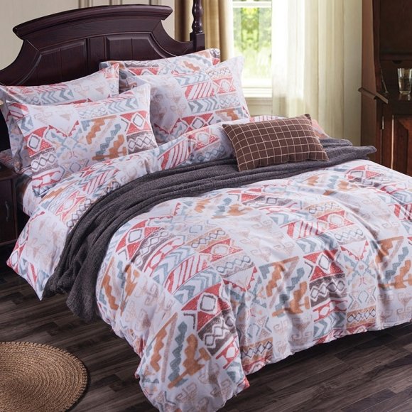 Red White Brown and Rust Orange Chevron Print Bohemian Gypsy Aztec Style Full, Queen Size Bedding Sets