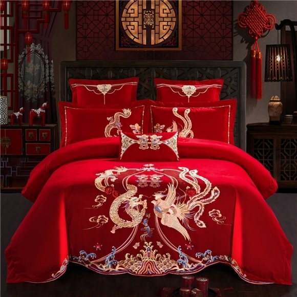Gorgeous Boutique Gold and Red Dragon and Phoenix Pattern Oriental Style Egyptian Cotton Full, Queen Size Bedding Sets