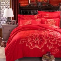Vintage Romantic Coral Red and Gold Beautiful Peony Flower Print Elegant Feminine Adults Full, Queen Size Luxury Cotton Bedding Sets