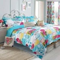 Teal Green Red Yellow Pink and White Hip-hop Style Monogrammed with Rose and Patchwork Plaid Print Full, Queen Size Cotton Bedding Sets
