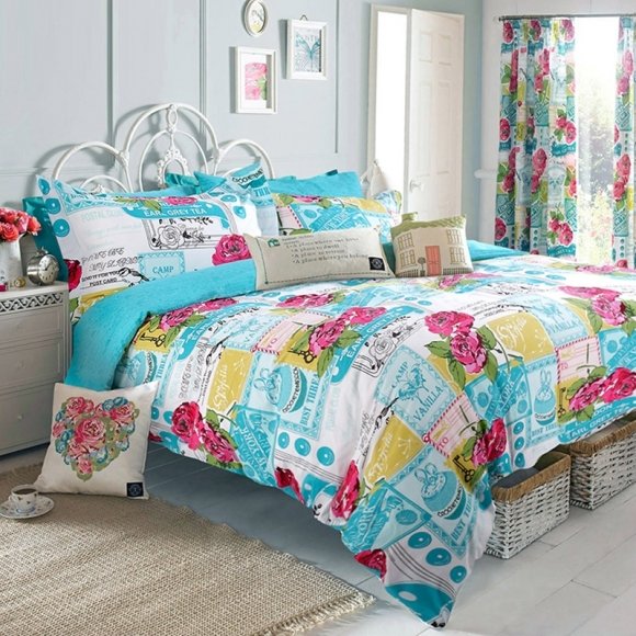 Teal Green Red Yellow Pink and White Hip-hop Style Monogrammed with Rose and Patchwork Plaid Print Full, Queen Size Cotton Bedding Sets