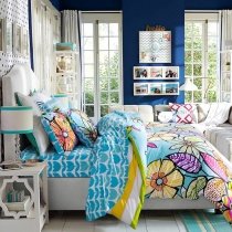 Bright Colorful Tiffany Blue Purple White and Yellow Tropical Hawaiian Flower Print Rustic Cabin Twin, Full Size Cotton Bedding Sets