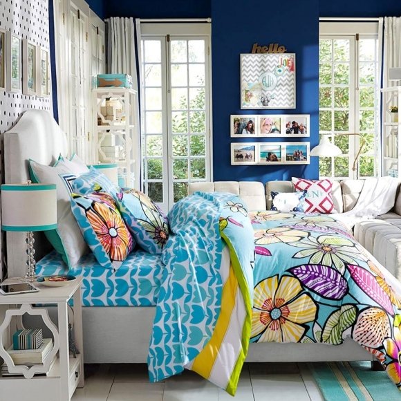 Bright Colorful Tiffany Blue Purple White and Yellow Tropical Hawaiian Flower Print Rustic Cabin Twin, Full Size Cotton Bedding Sets