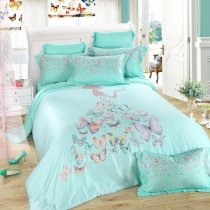 Mint Green Grey and Pink Beautiful Girl and Colorful Butterfly Print Princess Themed Full, Queen Size Tencel Lyocell Bedding Sets