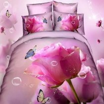 Elegant Fuchsia and Dusty Rose Pink Butterfly Garden Beautiful Rose Flower Print Girly Girls Twin, Full Size Cotton Bedding Sets