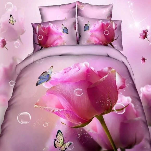 Elegant Fuchsia and Dusty Rose Pink Butterfly Garden Beautiful Rose Flower Print Girly Girls Twin, Full Size Cotton Bedding Sets