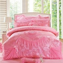 Sophisticated Elegant Sparkly Pink Vintage Rose and Heart with Victorian Lace and Ruched Girls Full, Queen Size Jacquard Satin Bedding Sets