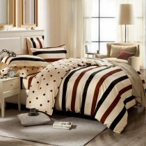 Affordable Coffee Brown Black and Beige Rugby Stripe and Polka Dot Print Teen Girls Boys Twin, Full, Queen Size Cotton Bedding Sets