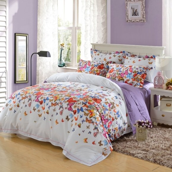 Beautiful Bright Colorful Butterfly Print Modern Chic Romantic Luxury Egyptian Cotton Full, Queen Size Bedding Sets