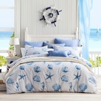 Kids Navy Blue and White Seashell, Starfish and Coral Reef Print Ocean Themed Marine Life Full, Queen Size Bedding Sets
